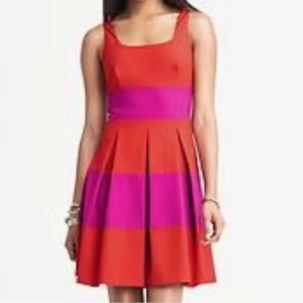 Banana Republic Red and Pink Combo Striped Pleated Dress, Size 8